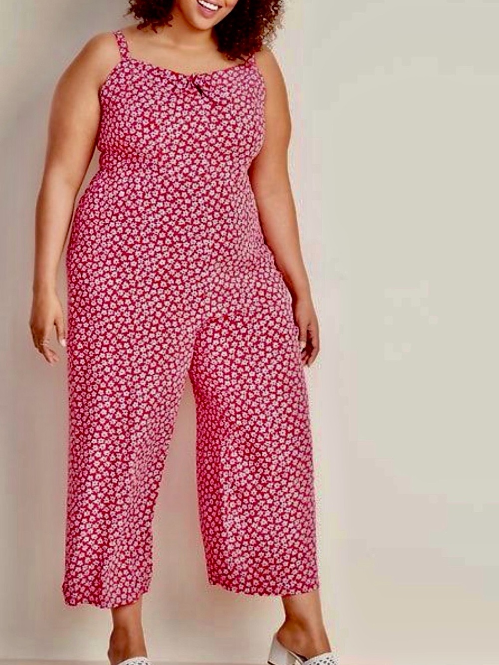 Old Navy Red Ditsy Floral Cami Jumpsuit Tie-Front Cropped Pants
